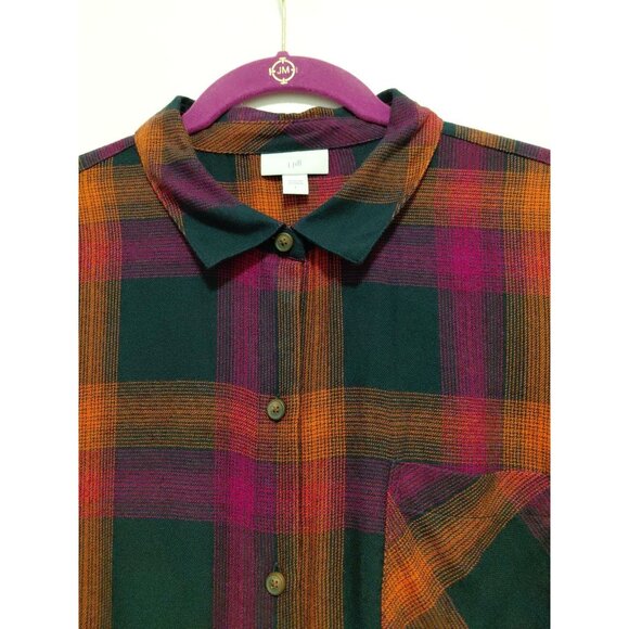 J Jill Flannel Button Up Shirt Lightweight Orange Purple Navy Blue Large - Picture 2 of 8